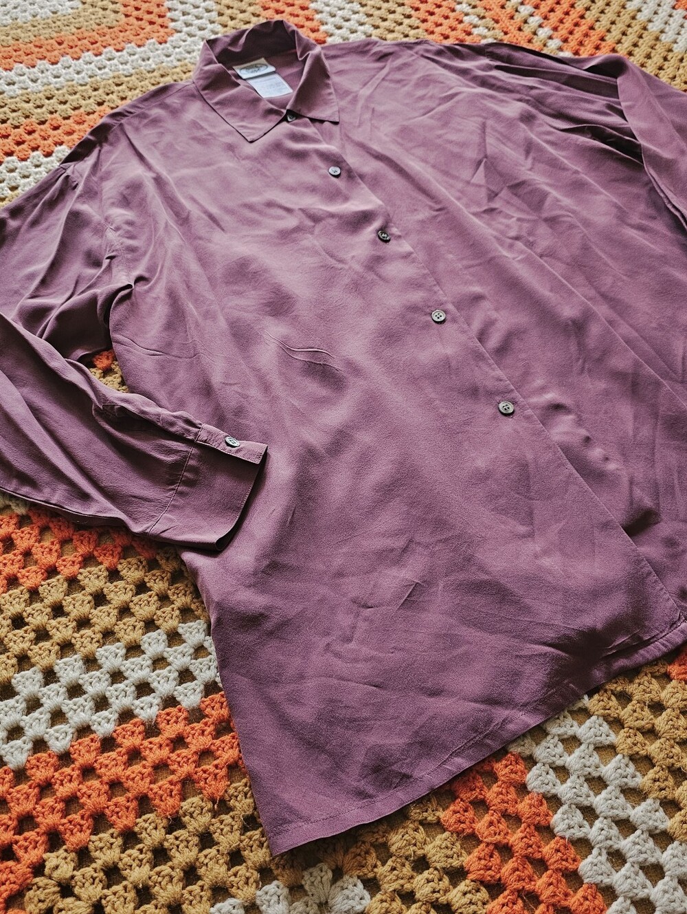 100% Silk Dusty Rose Plum Mauve Long Sleeve Button Up Blouse Laura Ashley